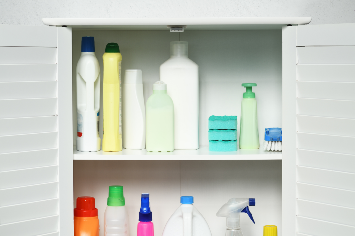 prateleira de produtos de limpeza